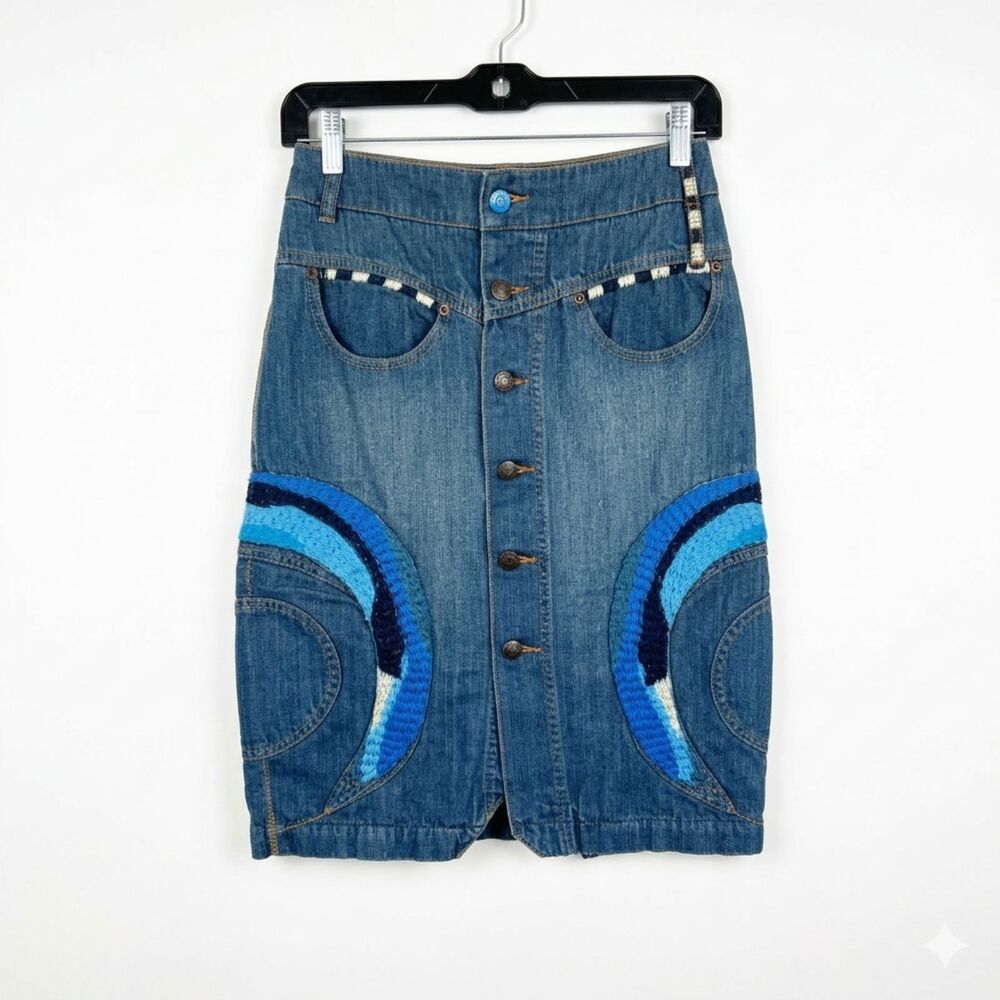 Oilily Vintage Embroidered Denim Skirt Size 36 Blue Boho Midi US 4/6